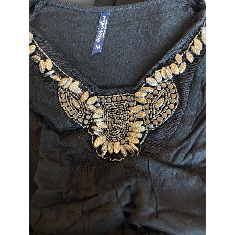 White Mark Tunic Top M Black Beaded Bib Neckline Boho Chic Sharkbite Hem